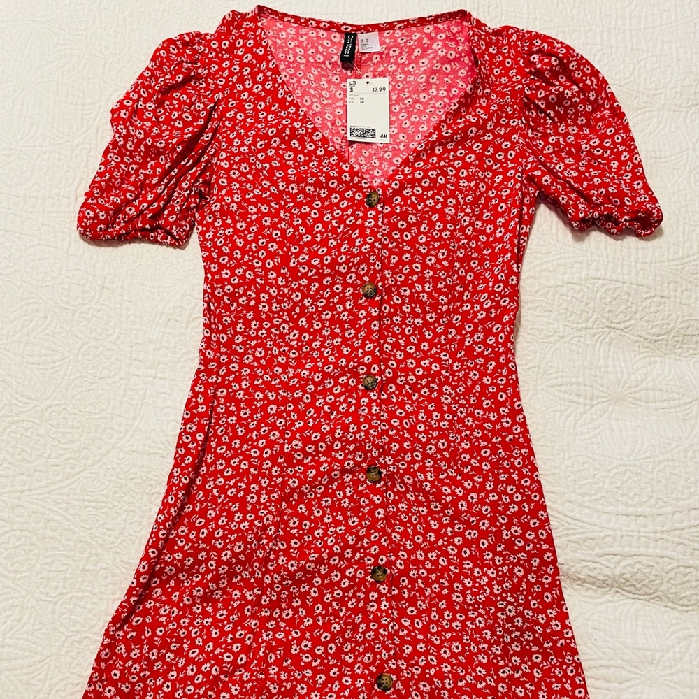 XS Red and white flowered button dress.